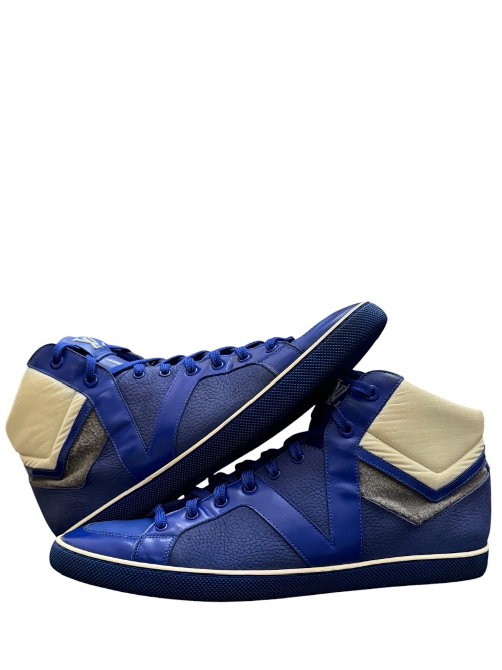 LOUIS VUITTON - BLUE WHITE GRAY LEATHER FELT HIGH TOP SNEAKERS “HEROES”